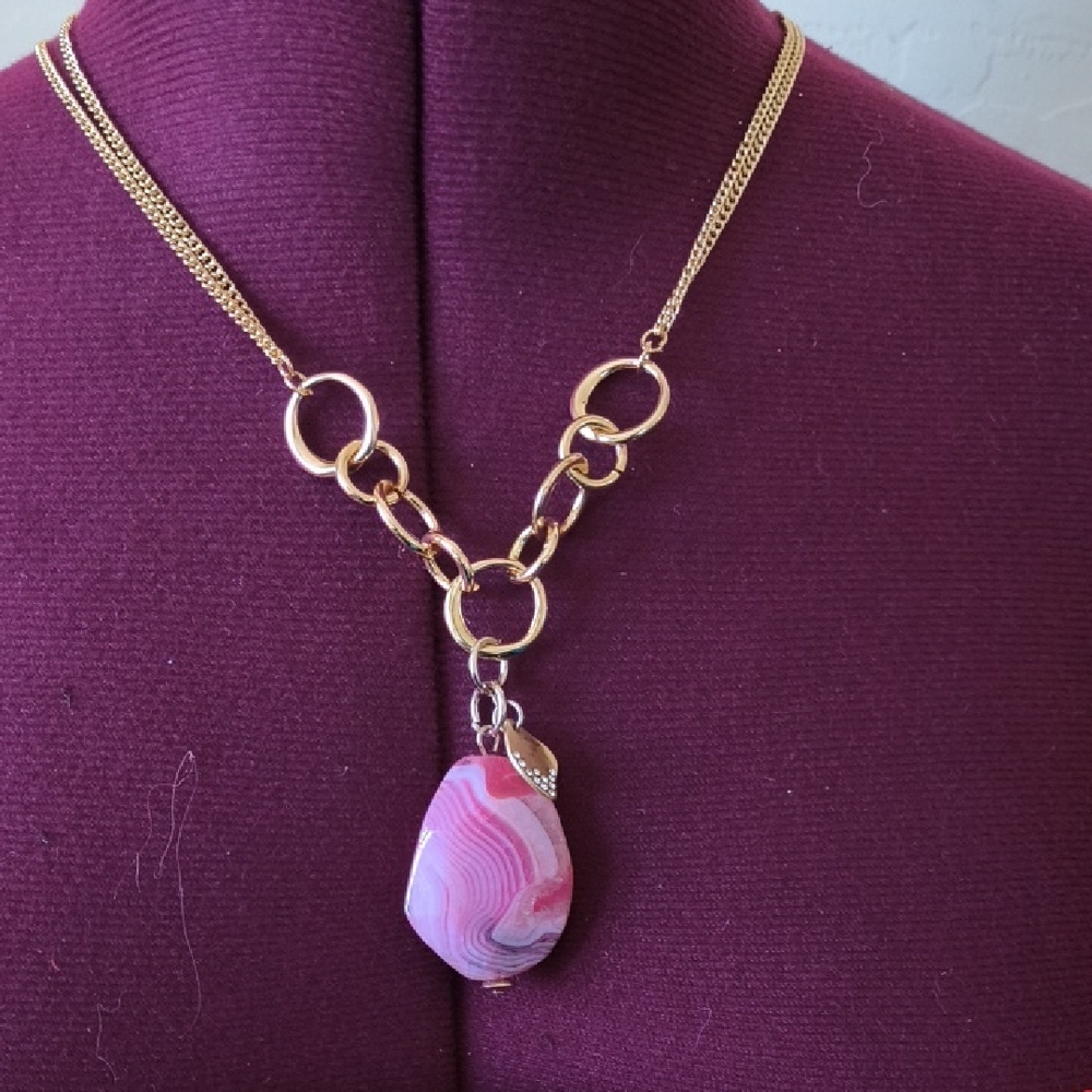 Paloma & Ellie Gold Tone Chain Long Necklace with Pink geniune Stone Pendant